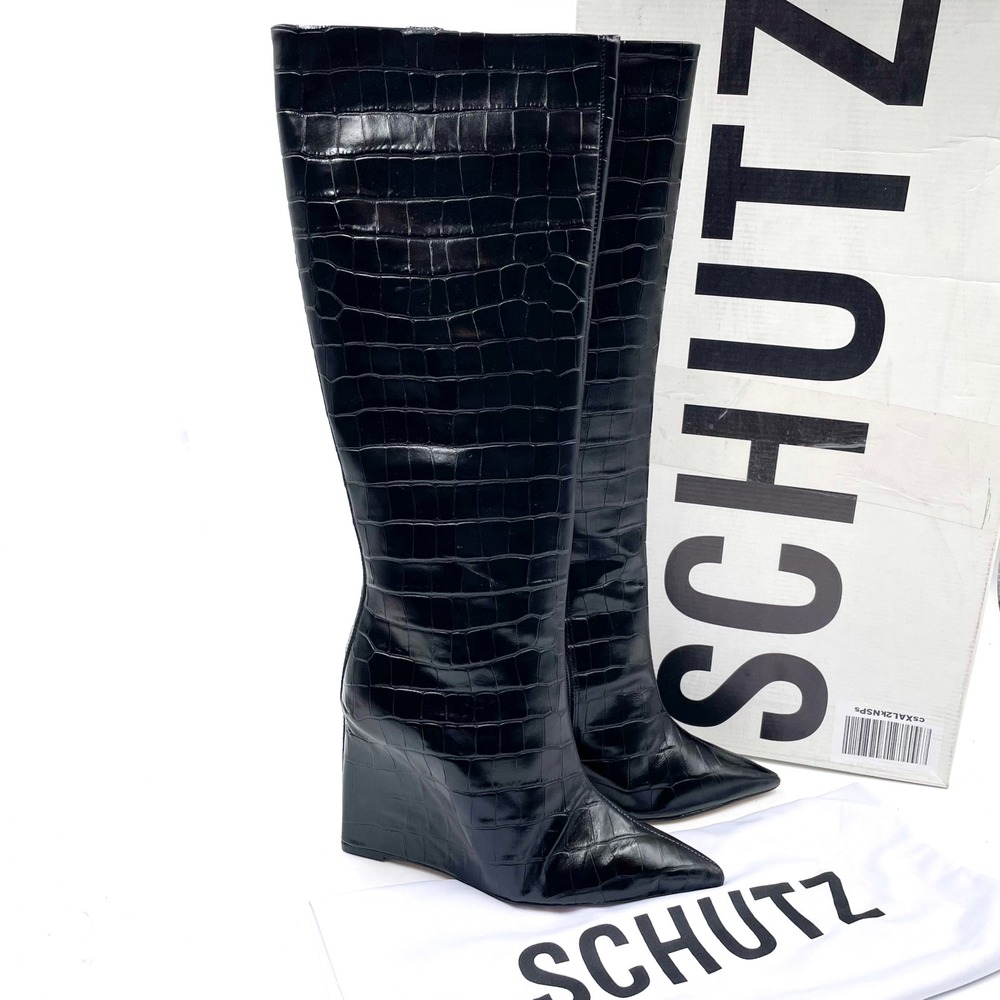 Schutz Asya Up Boots Black‎ Croc Embossed Leather Knee High Wedge Sz 8.5 WIDE